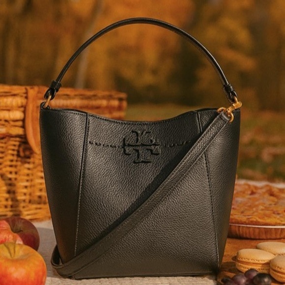 NEW Tory Burch McGraw Black Leather Small Bucket Tote/Crossbody/Shoulder Bag